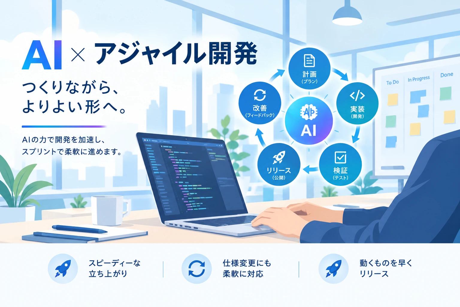 AI×アジャイル開発。つくりながら、最適なかたちを見つける。計画・開発・検証・リリース・見直しのサイクルを繰り返すアジャイル開発のイメージ。