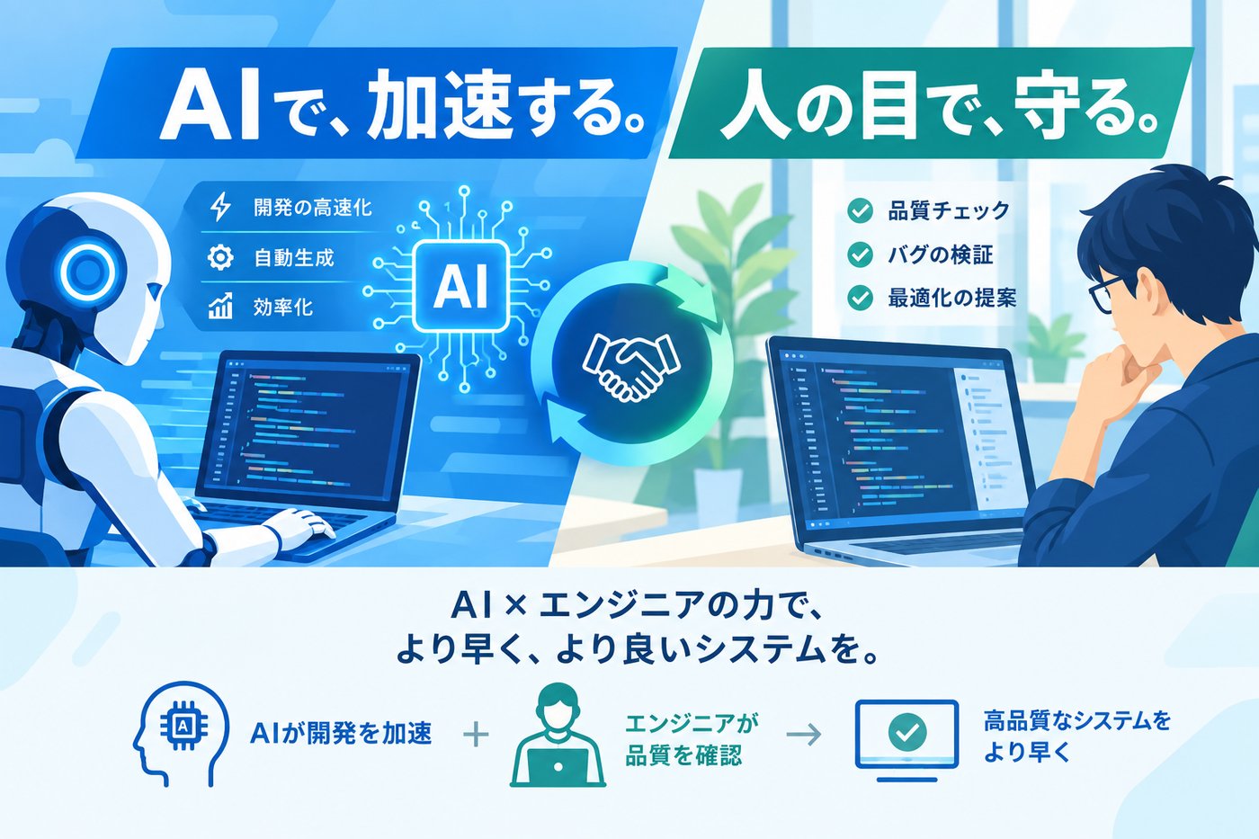 AIによる高速な開発とエンジニアによる品質チェックを組み合わせたシステム開発のイメージ